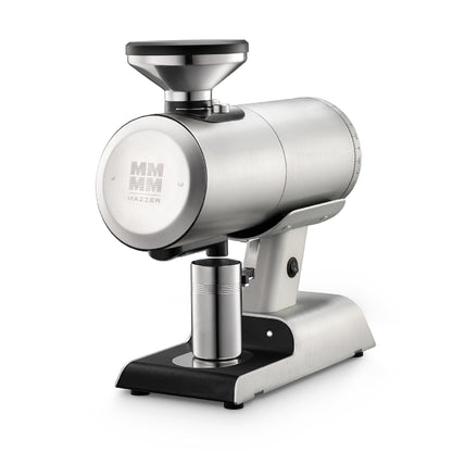 Silver Mazzer Philos coffee grinder with black accents on a white background