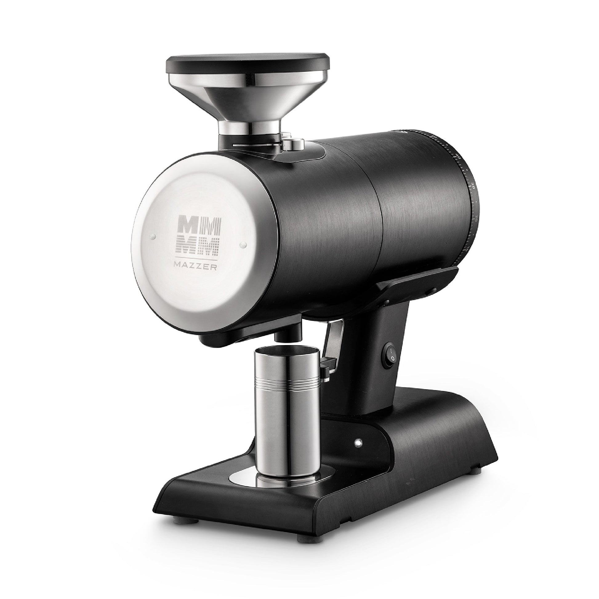 Black Mazzer Philos coffee grinder on a white background