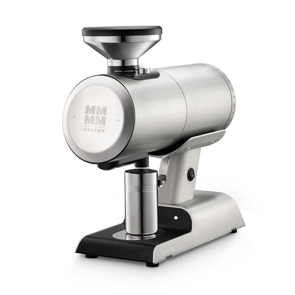 Silver Mazzer Philos coffee grinder with black accents on a white background