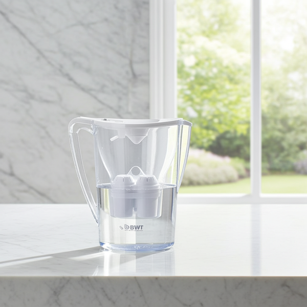 BWT water filter pitcher on a marble countertop with a window in the background