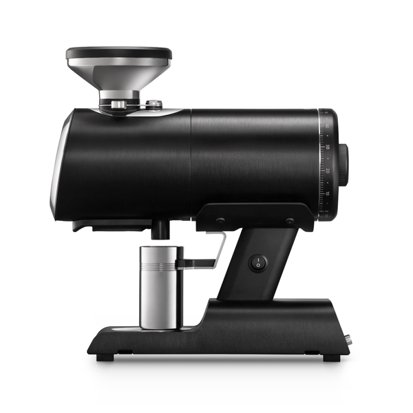 Black coffee grinder with metallic components on a white background