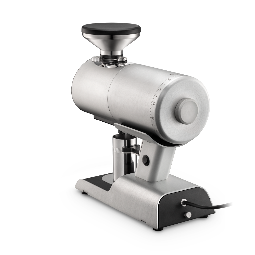 Stainless steel Mazzer Philos coffee grinder on a white background