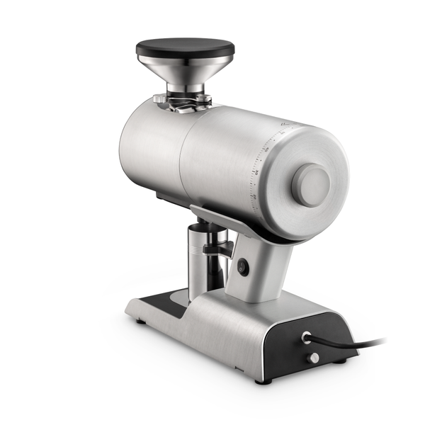 Stainless steel Mazzer Philos coffee grinder on a white background