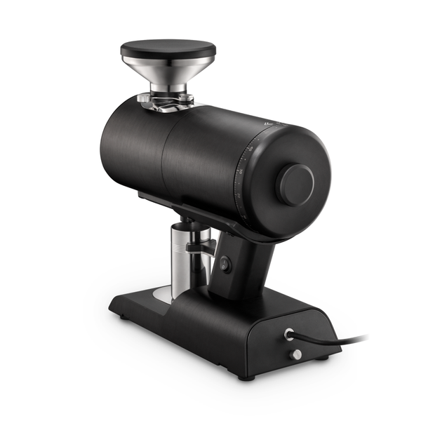 Black Mazzer Philos coffee grinder with metallic accents on a white background