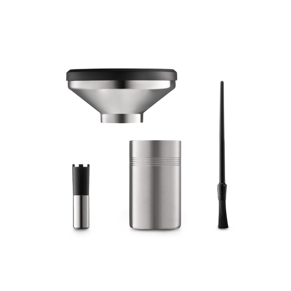 Set of metal funnels and cylindrical containers with black tops on a white background for Mazzer Philos 