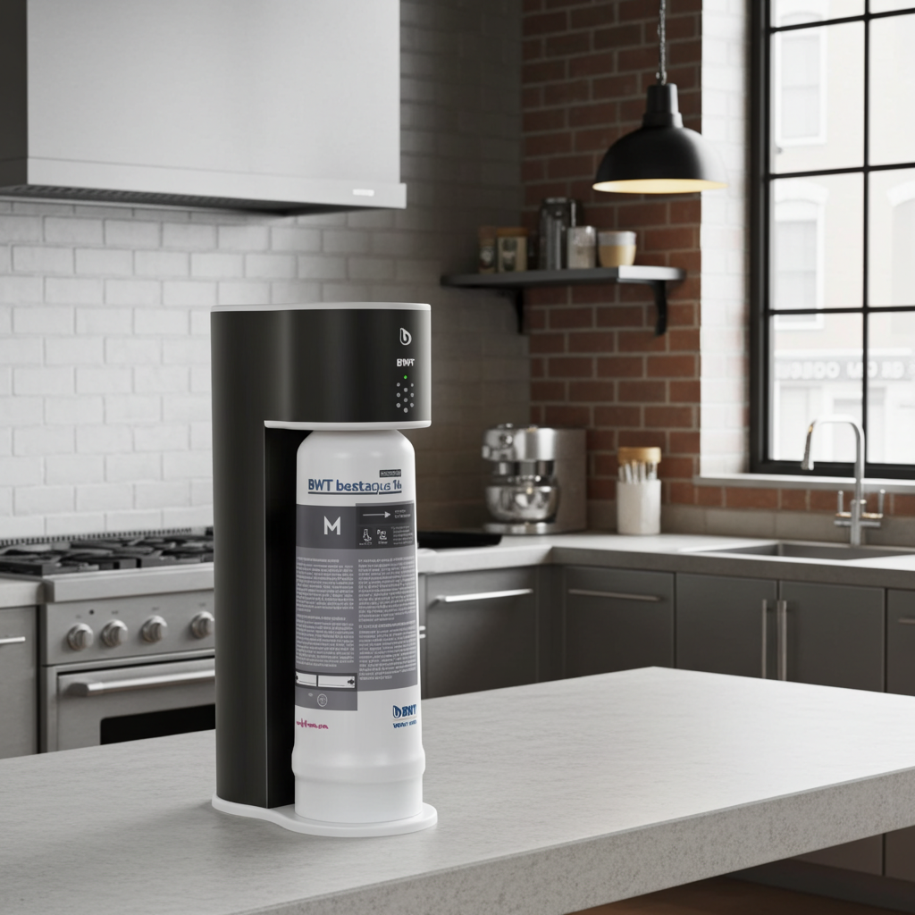 BWT water filter on a kitchen counter with modern kitchen appliances in the background